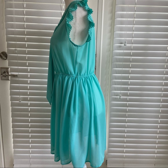 CIEL USA Large Teal Blue Dress Pleated W/ Tie Neck & Ruffle Flutter Sleeves - Picture 4 of 13
